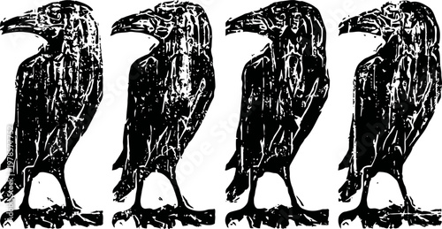 four rustic black crows standing in a row on white background vintage grunge bird silhouettes