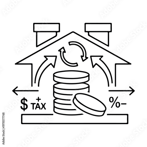 Home finance and property tax vector illustration depicting a house with money stacks arrows and percentage symbols