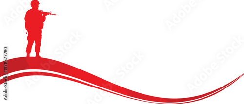 Red silhouette of soldier holding rifle standing on stylized wave design, military patriotic vector illustration for defense and honor concept
