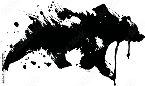 Black grizzly bear silhouette with ink splatter and paint drip effect on white background