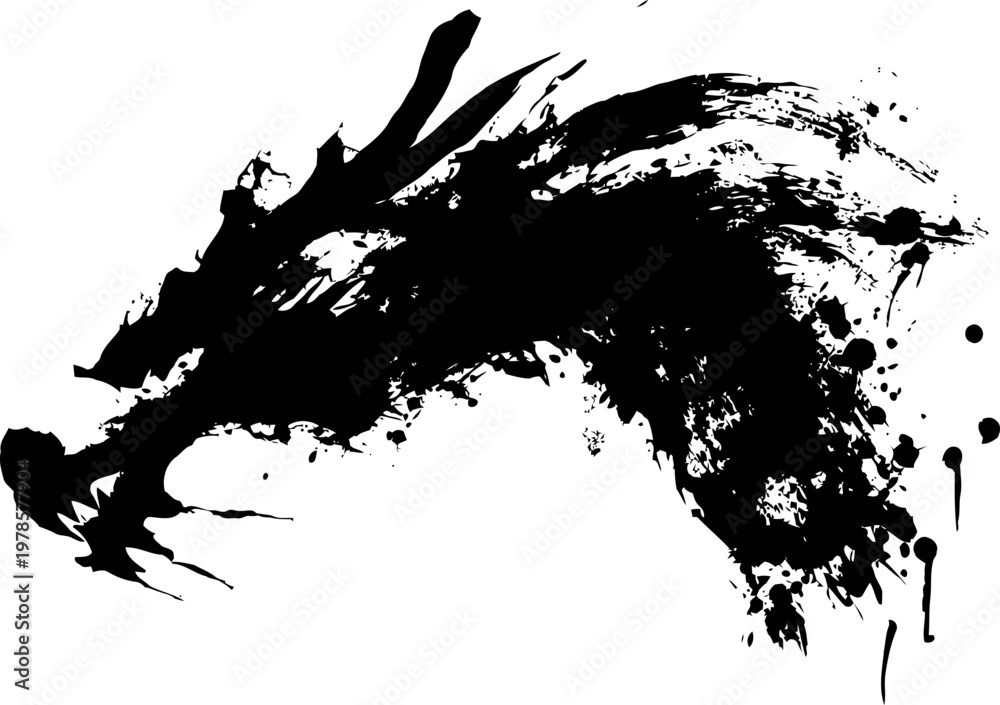 Obraz premium Black ink splash dragon head silhouette abstract oriental mythical beast painting brush stroke