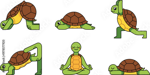 Yoga Turtle Vector Set Featuring Stretching, Poses, and Meditation for Wellness, Mindfulness, and Animal Illustrations