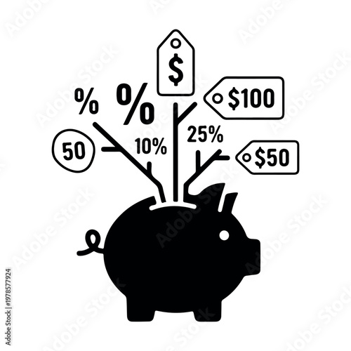 Piggy bank representing savings growth and investment returns with varying interest rates and monetary values