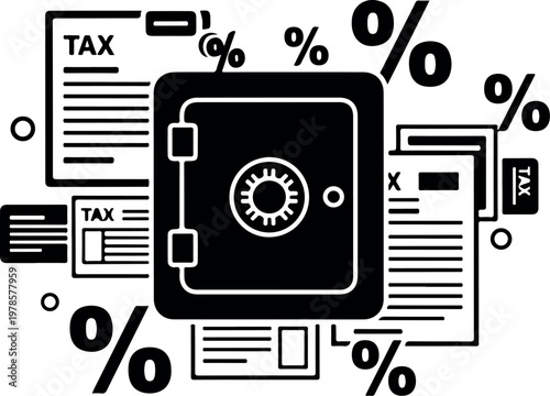 Safe box surrounded by tax documents and percentage signs for financial security