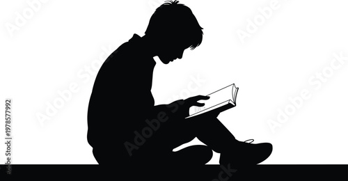 Silhouette of person sitting cross‑legged reading book, focused learning, education concept, study illustration, knowledge, concentration, black vector art