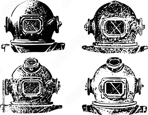 Vintage deep sea diving helmets collection old underwater scuba equipment in various designs and shapes