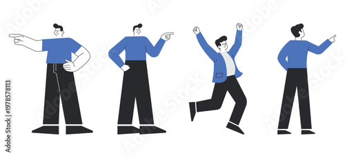 Set of Male Character Pointing Gesture Vector Illustrations Featuring Standing Man, Front View, Back View, and Happy Jumping Pose Isolated on Background.