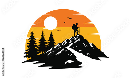 hiker standing on mountain peak at sunset with trees
