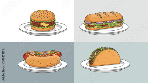 Various fast food items including a hamburger, submarine sandwich, hot dog, and taco presented on plates against colored backgrounds.