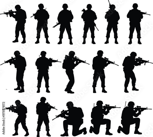 Silhouette soldiers in multiple combat stances holding rifles, tactical military illustration concept representing armed forces readiness and defense