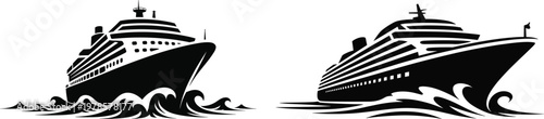 Stylized silhouette cruise ships front view sailing through ocean waves, elegant maritime travel illustration concept for tourism and transportation design