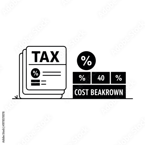Tax calculation and cost breakdown with percentage signs and bar graph illustrating financial data