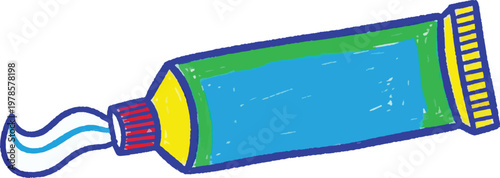 A colorful tube of toothpaste is depicted with a white background. The toothpaste tube is green with yellow and blue accents, and a white toothpaste is emerging from the nozzle.