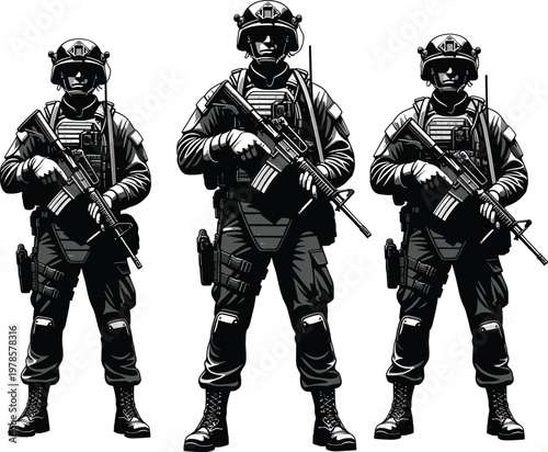 Three armed soldiers in tactical gear with rifles, military vector illustration, combat readiness, defense concept, armed forces silhouette design