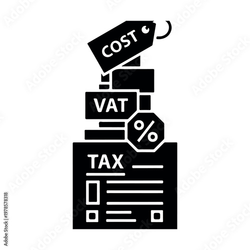 Vector illustration of stacked financial documents and tax forms with vat labels and percentage symbols for business tax accounting and financial audit concepts