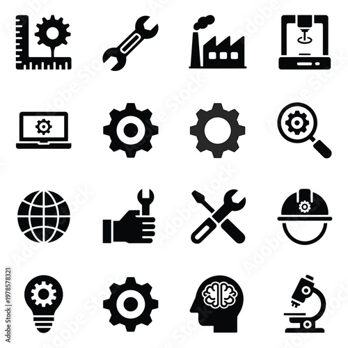 Collection of engineering and mechanical maintenance icons including screwdriver wrench 3d printer and gear symbol set elements.