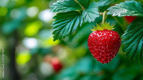 Strawberry on green leaves. A strawberry grows on a plant with green leaves under bright light in a garden setting, showing its red color and shine.