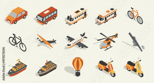 Collection of isometric transportation vehicles and modes of travel.