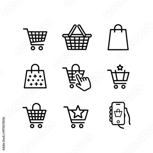 Set of nine black and white vector shopping cart and bag icons with transparent background for various uses.