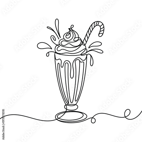 Continuous one line drawing of a delicious milkshake with whipped cream and a candy cane straw.