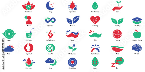 Wellness Icons Vector Set – Mindfulness and Healthy Living Symbols