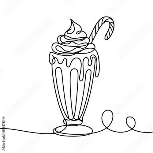 Continuous one line drawing of a delicious milkshake with whipped cream and a candy cane straw.