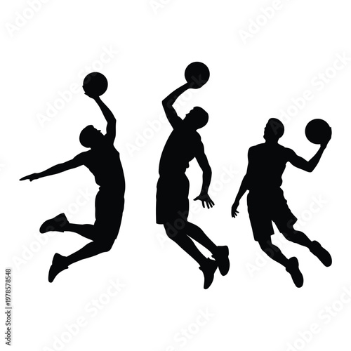 Three black silhouettes of basketball players in action jumping and shooting ball.