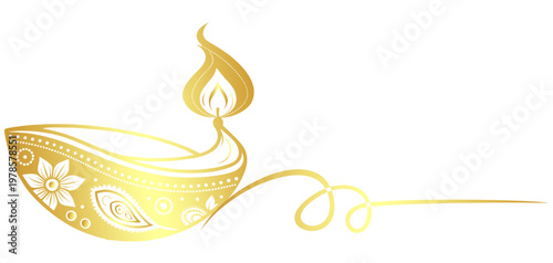 Vector illustration of a beautifully ornamented golden colored diwali diya with gracefully burning flames