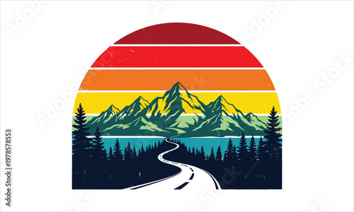 vintage travel poster with mountain landscape and sunset