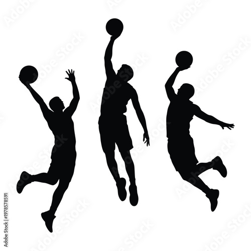 Three black silhouettes of basketball players in action jumping and shooting ball.
