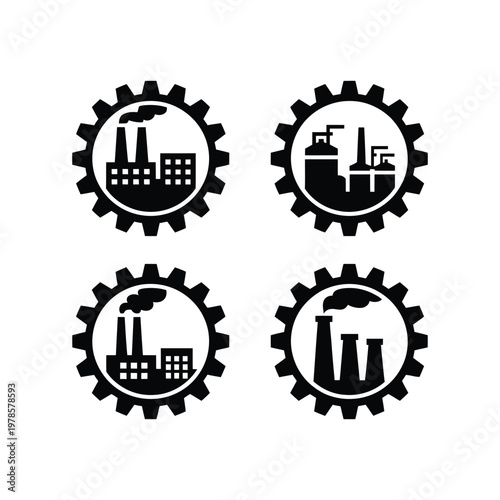 Industrial factory icon set featuring smoke stacks and manufacturing buildings inside mechanical gear wheels on transparency.