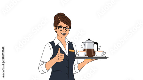 Friendly waitress in a professional uniform holding a tray with a coffee pot and cups while giving a positive thumbs up sign.