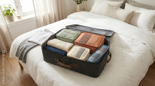Open suitcase with colorful packing cubes organized on bed in bright bedroom