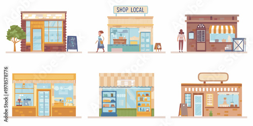 Colorful illustrations depict a variety of charming small town storefronts