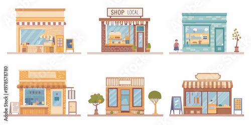 Colorful illustration depicting a row of charming small local businesses