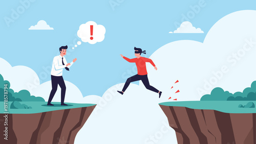 Illustration of a businessman watching a blindfolded person taking a risky leap across a wide mountain gap or cliff during work.