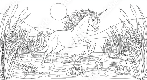 Magical unicorn leaping gracefully over pond with blooming water lilies, cattails, rolling hills, radiant sun, fantasy nature scene, elegant flowing mane