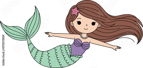 Mermaid with long brown hair, pink starfish accessory, seashell top, pearl necklace, green fish tail, whimsical fantasy ocean illustration artwork
