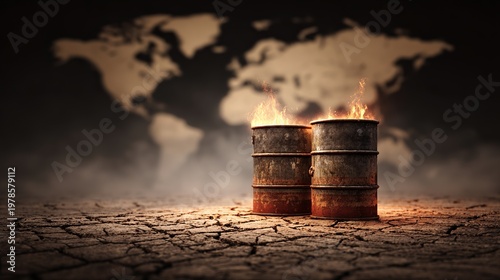 Burning oil barrels on cracked earth with world map background concept of global energy crisis and environmental impact