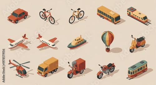 Collection of isometric transportation vehicles and modes of travel.