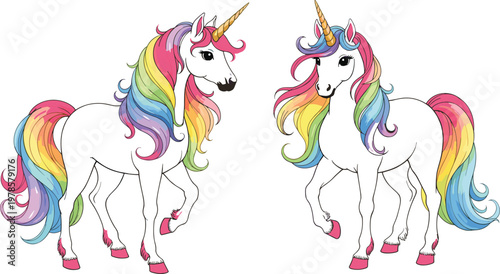 Two unicorns facing each other with rainbow manes, golden horns, pink hooves, fantasy illustration, colorful vector artwork, whimsical imaginative design