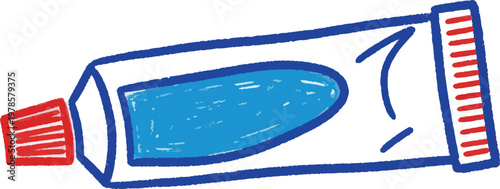 A hand-drawn illustration of a blue toothpaste tube. The tube is depicted in a simple, cartoon style with bold outlines and bright colors.
