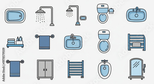 Collection of bathroom fixtures and accessories in a flat design style.