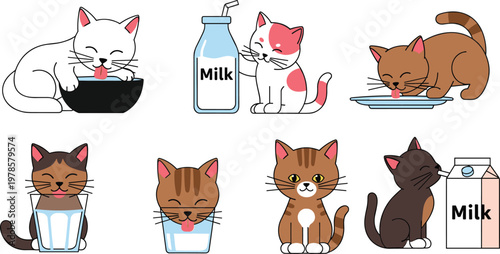 Cute Cat Vector Set with Cats Drinking Milk, Cartoon Animals, Playful Pet Illustrations for Kids, Websites, and Digital Designs
