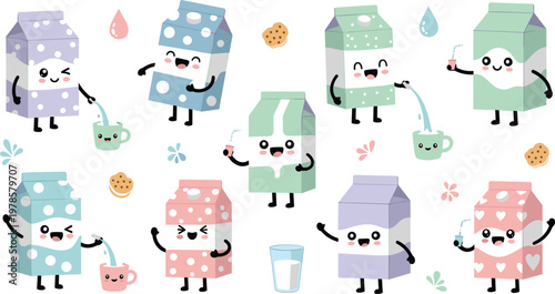Cute milk carton characters collection with cookies, cups and splashes, funny dairy drink cartoon mascots vector illustration set for kids food design