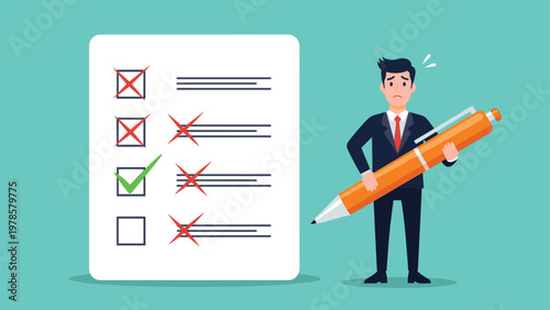 Sad businessman holding a giant orange pen while looking at a checklist filled with red crosses and only one green check mark.
