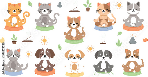 Cute cats and dogs meditating in lotus pose with yoga elements, calm mindfulness animals cartoon vector illustration set for relaxation and wellness themes