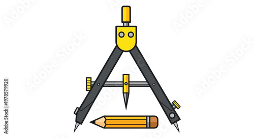 An illustration of a compass and a pencil lying on a surface, with the compass standing upright, showcasing drafting tools.