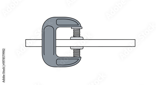 A metal clamp tightly grips a cylindrical object in a workshop setting with industrial tools.