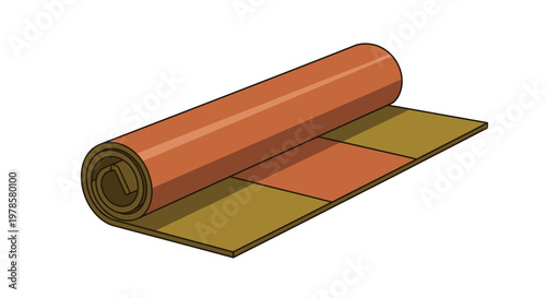 An illustration shows a rolled-up object lying on a partially unrolled mat in an indoor setting.